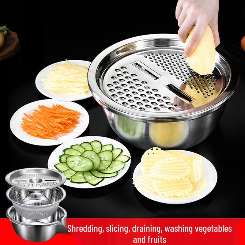 Stainless Steel 3-Piece Vegetable Cutter & Grater Set with Multifunctional Wash and Drain Basin