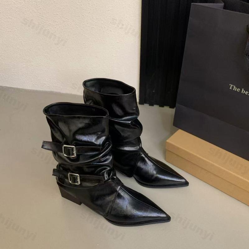 Fashion Women's Ankle Boots Pointed Toe High Heel Brown Short Boots 2025 Autumn Retro Belt Buckle Pointed Mid-Calf Boot Pants Tube Boots