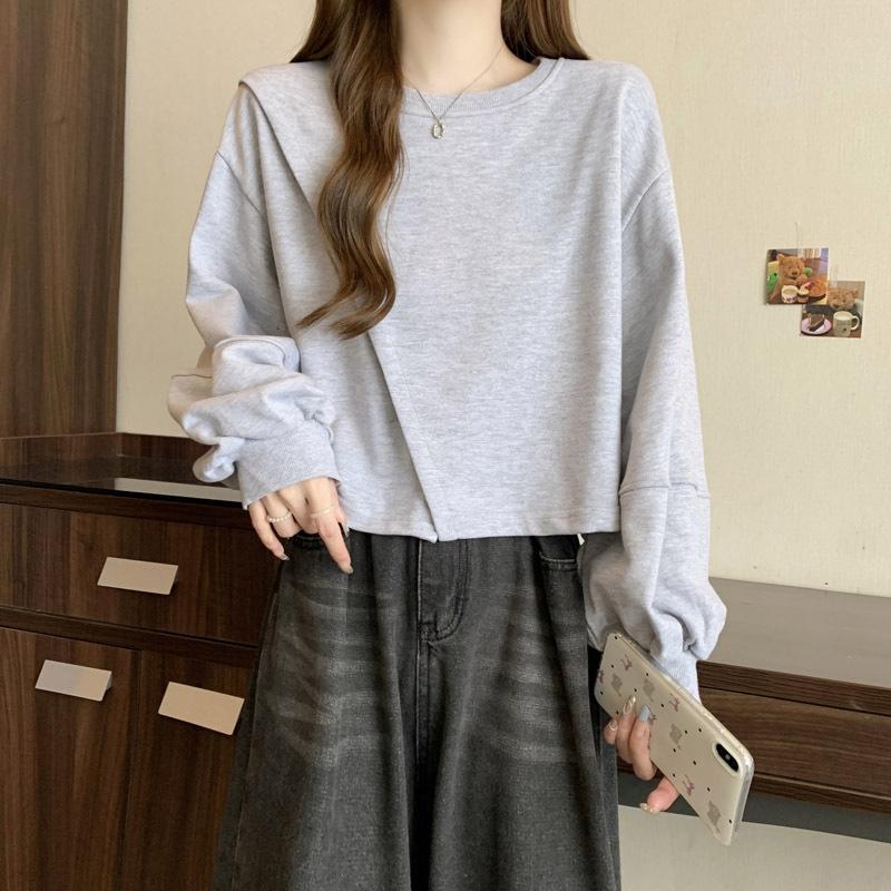 Women Loose Short Length Crew Neck Long Sleeve Casual Pullover Sweatshirt