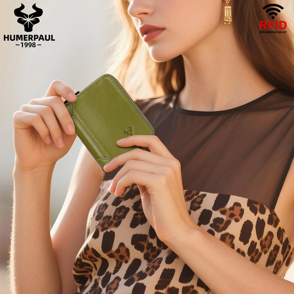 Humerpaul Ladies Wallet First Layer Cowhide Wallet Coin Purse RIFID Anti-theft Brush Organ Wallet Zipper Opening