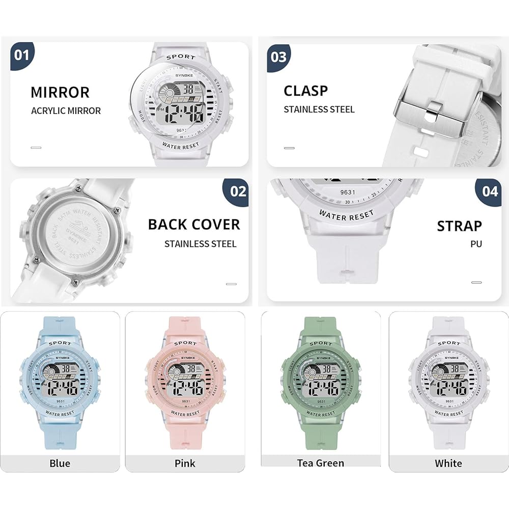 Digital Watch Unisex Electronic Timepiece PU Band Water Resistant Alarm Stopwatch Date Display EL Backlight 7 Colors Sports Watch