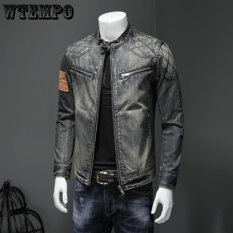 Men's Personalized Patch Denim Jacket Coat Casual Standing Collar Grid Large Size Denim Coat