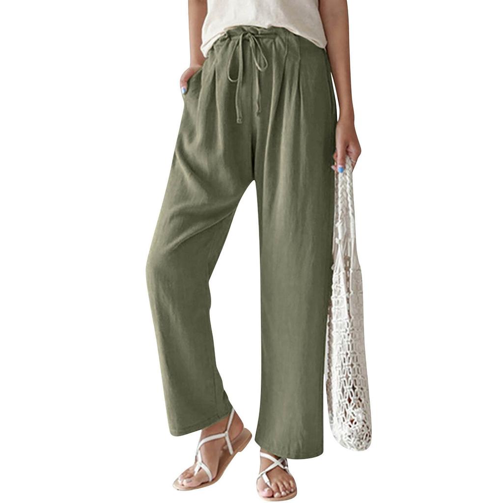 Summer Ladies Casual Wide Leg Tie Elastic Waist Pleat Front Pocket Solid Color Wide Leg Pants Dress Pants
