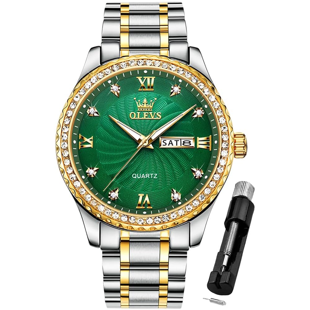 OLEVS Men s Chronograph Business Dress Watch Stainless Steel Waterproof Green Dial Date Display