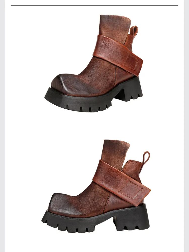 Johnature Genuine Leather Square Toe Short Boots Retro Thick Sole Thick Heels Women's Shoes