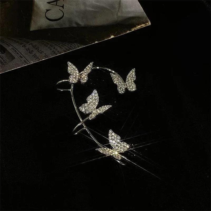 Vintage Classic Gold Silver Metal Butterfly Wings Swallow Earclip Exquisite Thornless Women's Shining Zircon Earrings Jewelry