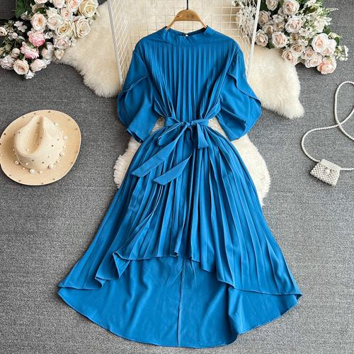 

Элегантное винтажное платье с круглым вырезом и рюшами для женщин, летние платья со шнуровкой и тонкой талией, шикарные платья средней длины с расклешенными рукавами One Size синий