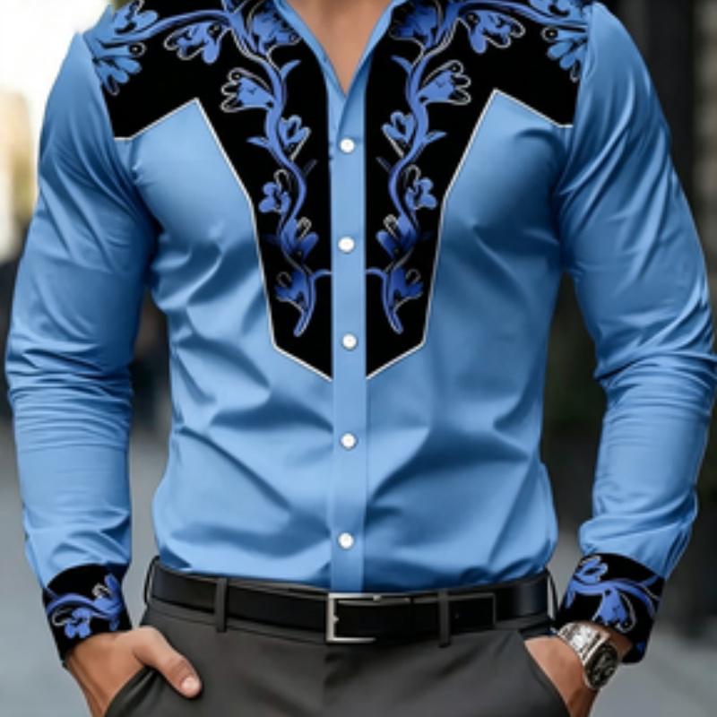 Men's shirt long sleeved printed shirt European and American business lapel