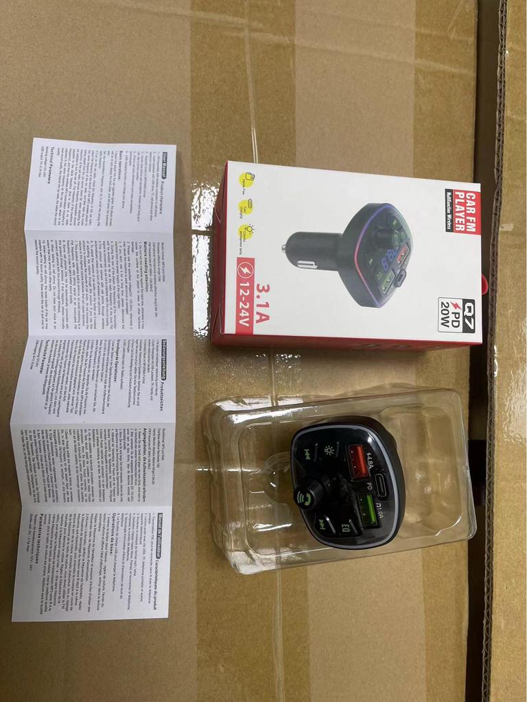 Car Bluetooth MP3 Player with Hands-Free Calling, Voice Broadcast, PD Fast Charging, and USB Flash Drive.