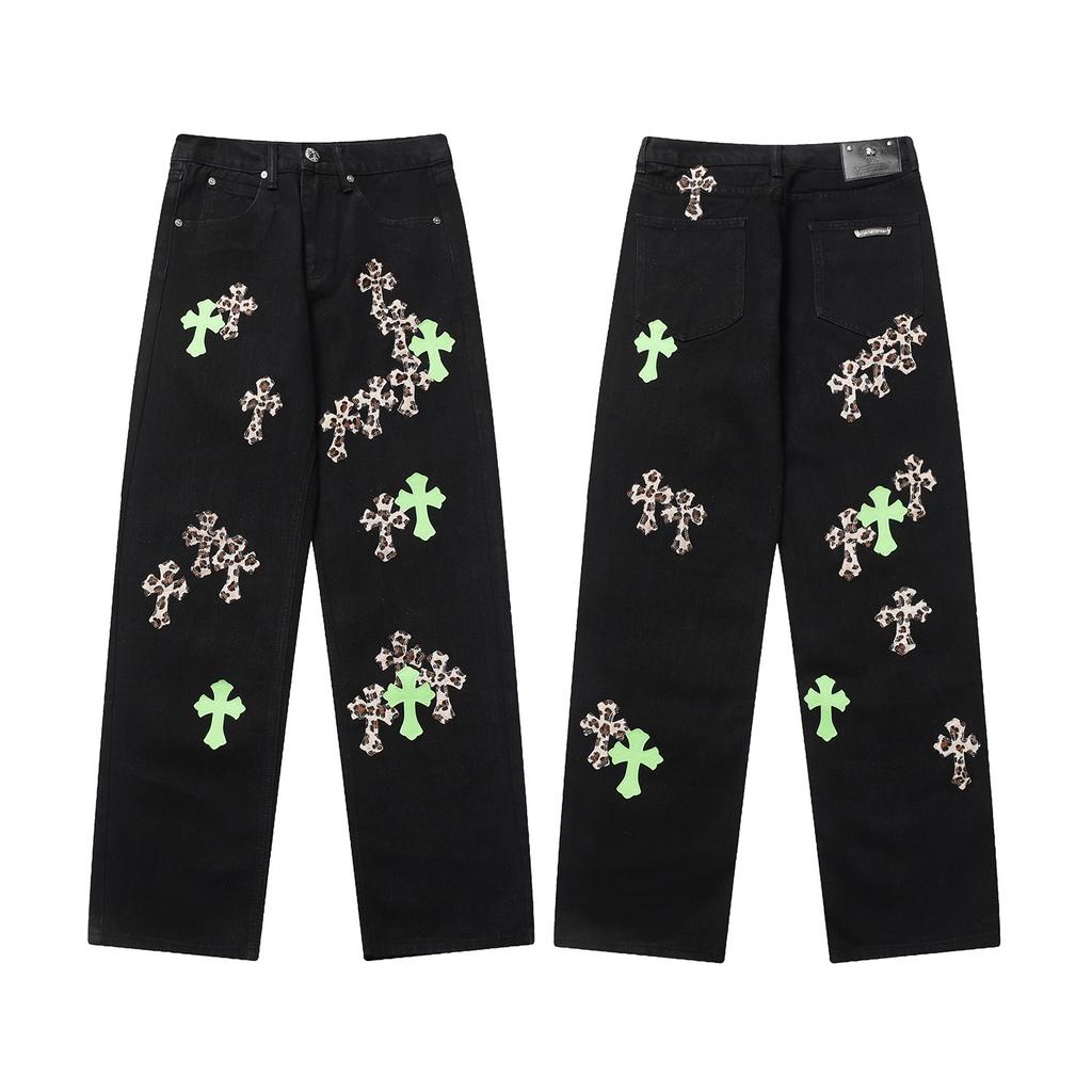 Unisex Cro Cross Leather Tag Washed Denim Jeans - Couples Street Style Loose Fit Long Pants