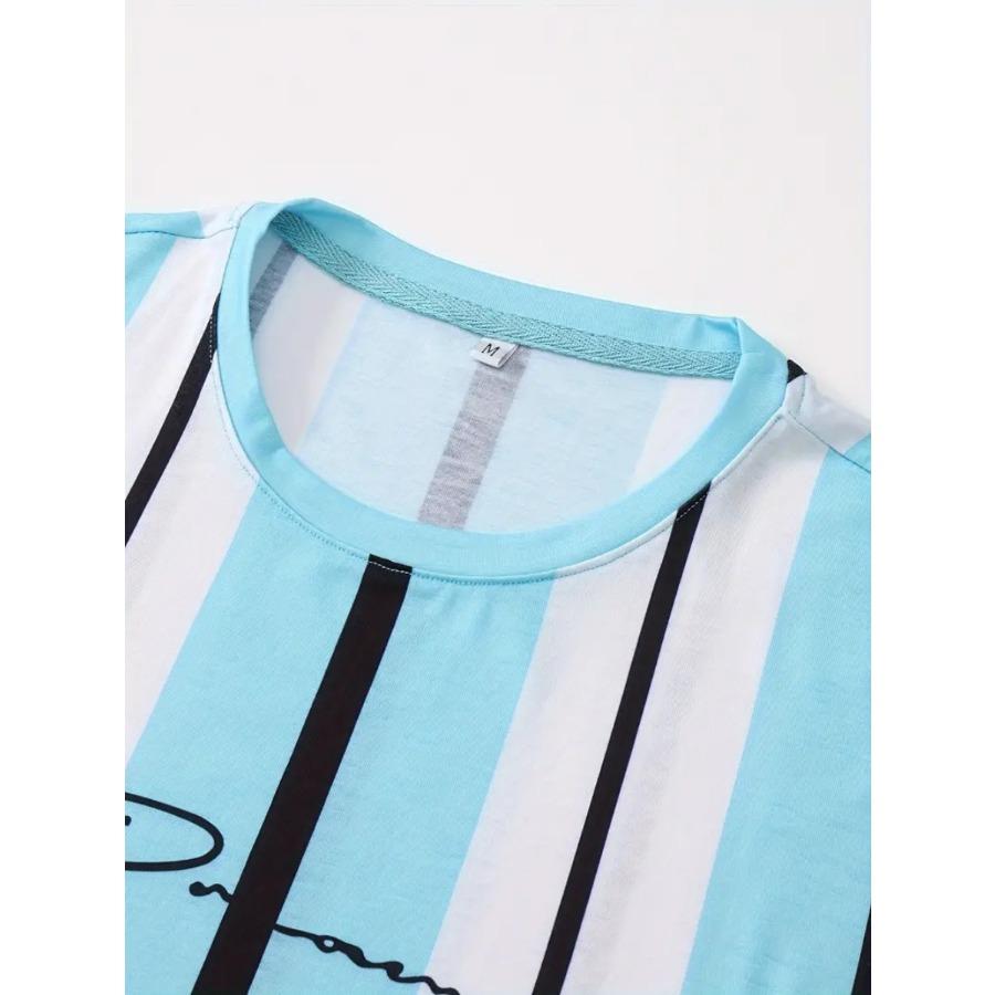 Men Letters Striped T Shirt Short Sleeve O-Neck TShirt Vintage Sport Casual Large Size T-Shirts Men’s
