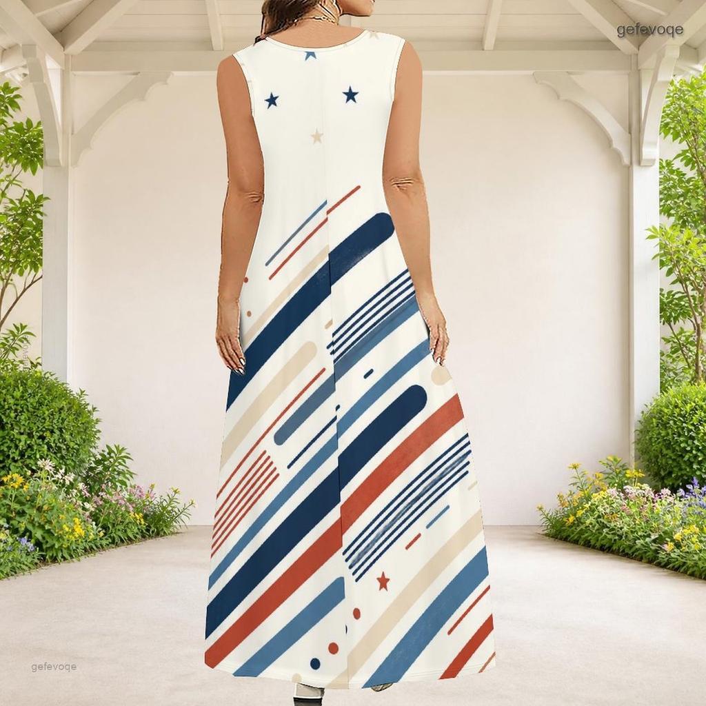 Women Plus Size Sleeveless Scoop Neck Eagle Star Print A Line Long Maxi Dress