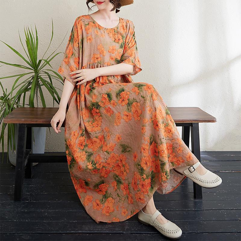 DIMANAF 2024 Plus Size Dress New Summer Basic Loose Women O-Neck Vintage Short Sleeve Big Size Beach Long Dress