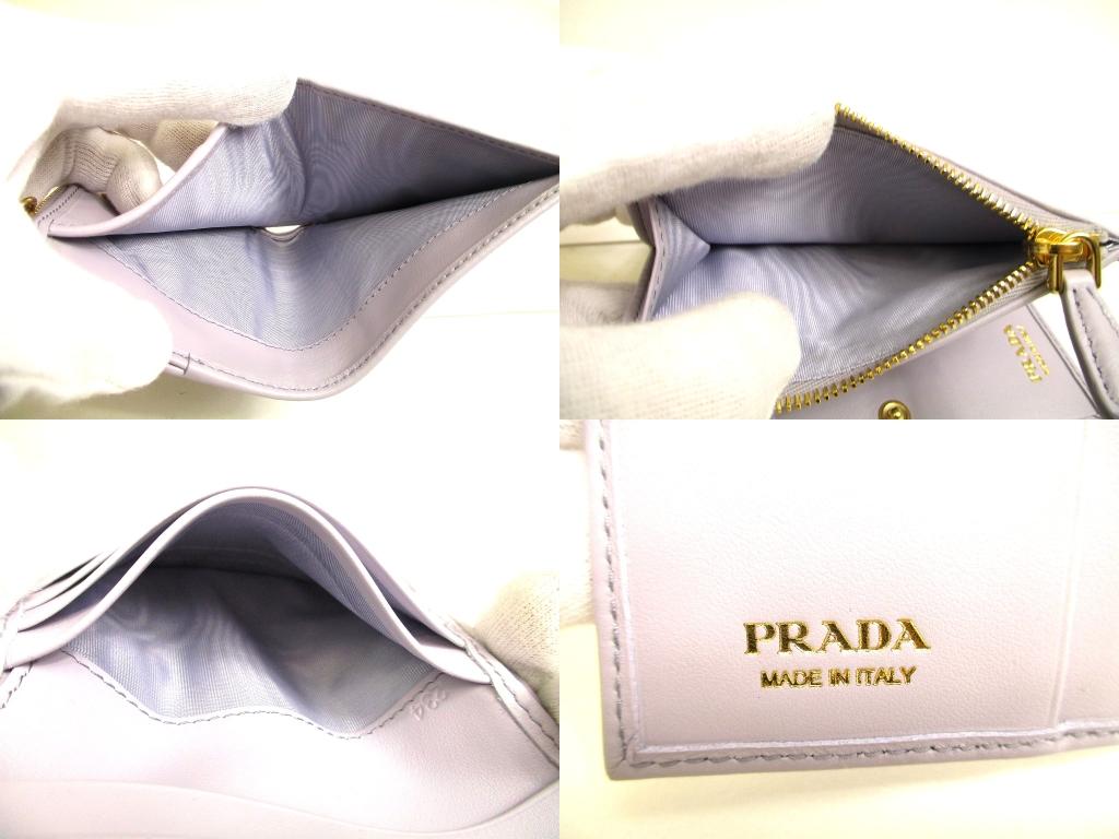 Carteira Dobrável Autêntica PRADA em Couro Roxo Claro Carteira Compacta #b055 Caixa Aberta