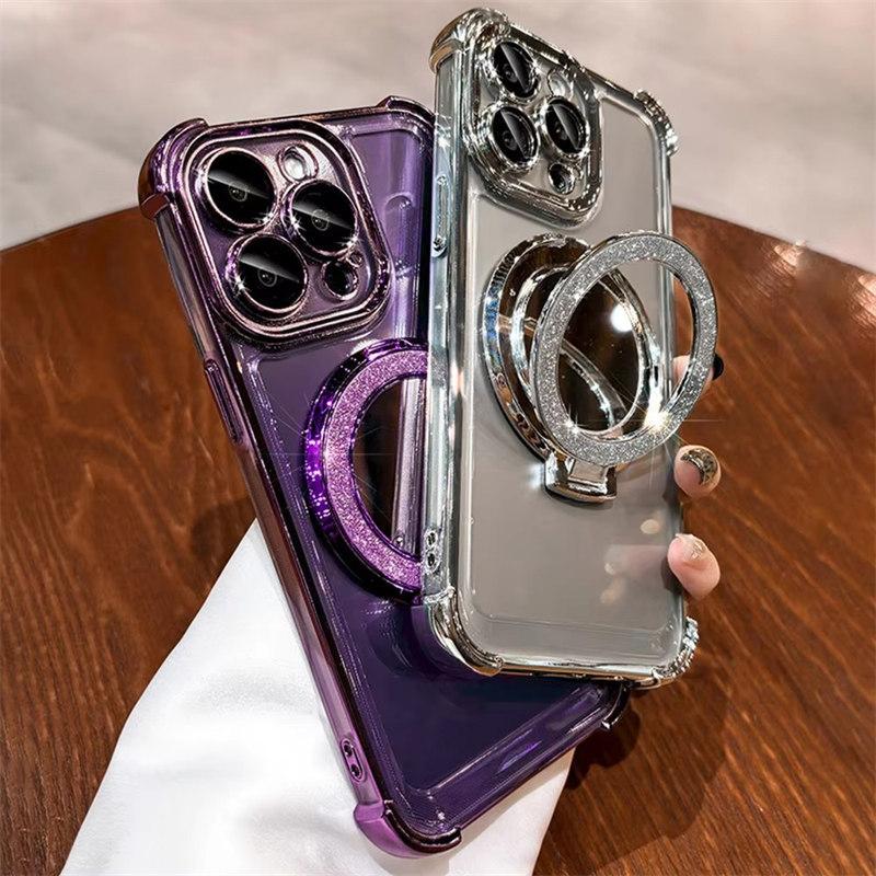 Luxury Glitter Makeup Mirror For Magsafe Magnetic Bracket Case For iPhone 16 15 12 13 11 14 Pro Max Plus XS Plating Holder Cover