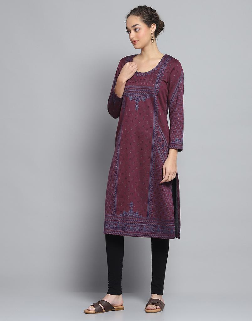 MONTE CARLO Womens Self Design Wine Round Neck Full Sleeve Kurti