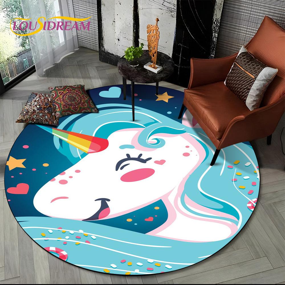 3D Cute Unicorn Cartoon Girl Gift Round Carpet Rug for Living Room Bedroom Child Playroom Decor,Pet Area Rug Non-slip Floor Mat