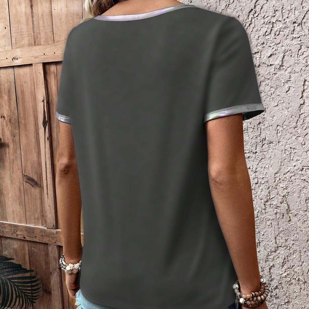 New Large-size Women's Clothing Summer Solid Color Round Neck Contrasting Color Neckline Short-sleeved Top T-shirt
