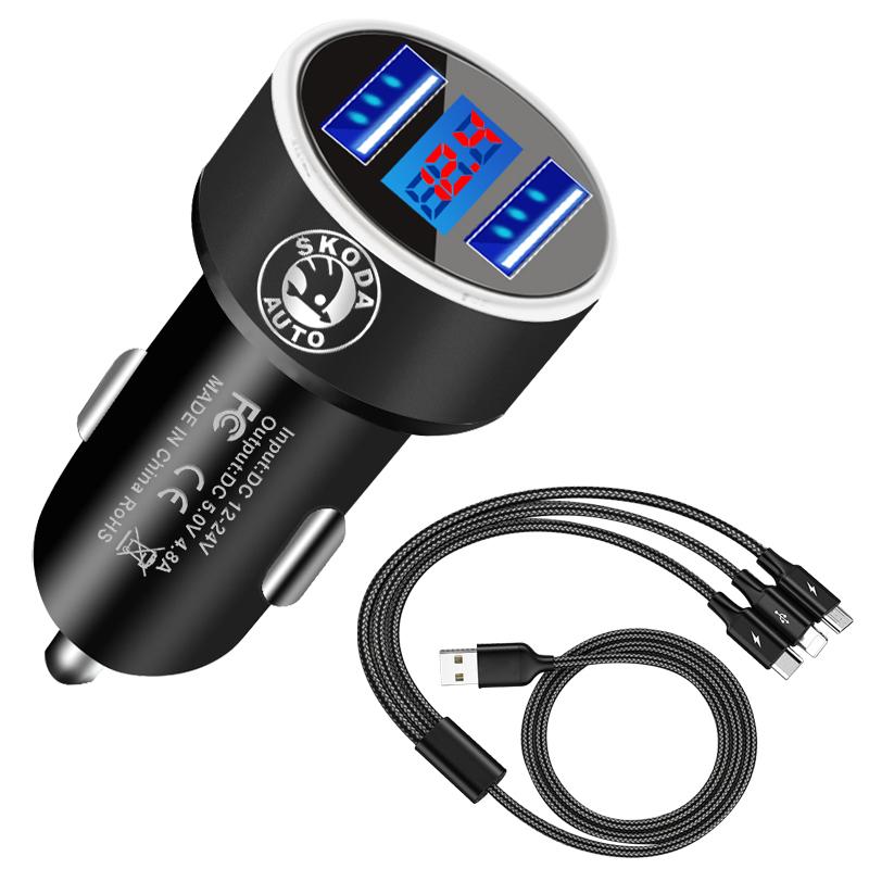 Car Charger 2 USB Ports Fast Charging Digital Display Car Accessories For Skoda Octavia Superb Rapid Kodiaq Karoq Fabia Kamiq Roomster Citigo