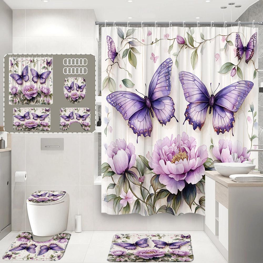 Purple Floral Butterfly Shower Curtain Set Watercolour Roses Flowers Butterflies Home Bathroom Decor Bath Mats Toilet Lid Cover