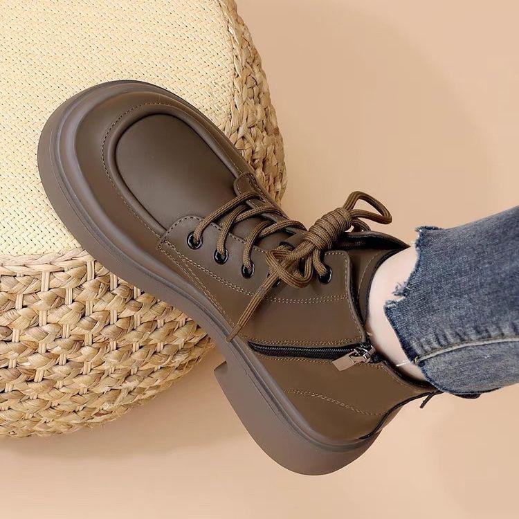 Women's Autumn/Winter Soft Leather Martin Boots, British Style, Mid Heel, Plus Cotton, Thick Sole, Versatile Ankle Boots