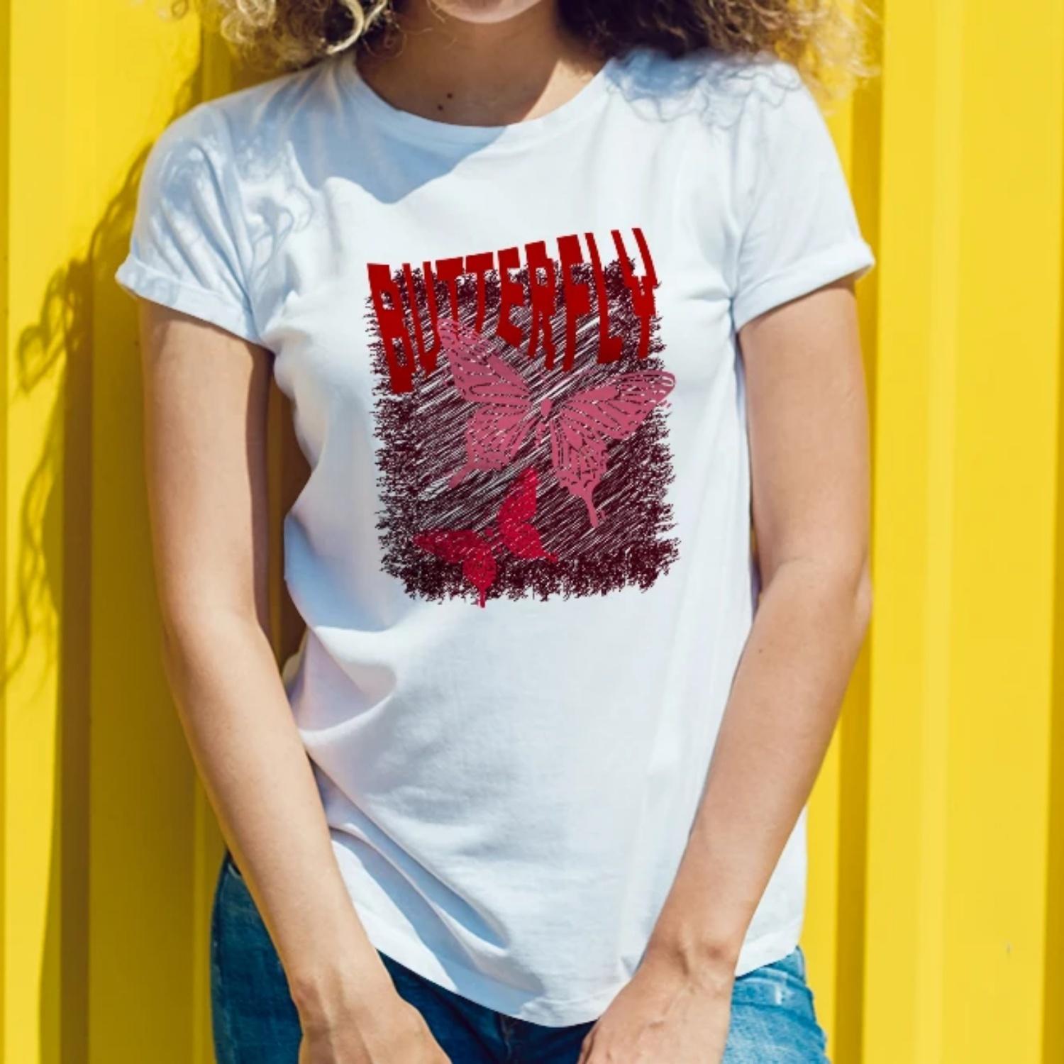 

Fashion forward Womens Short Sleeve T Shirt Butterfly Design with Pink Butterflies and Text Graphic for a Trendy Look XXXXXL білий