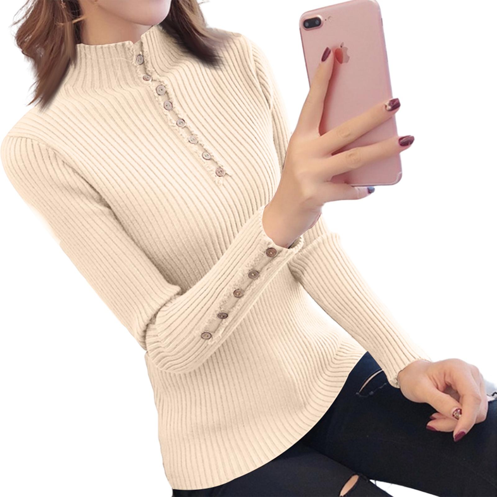 

Women s Half-high Collar Base Layer Shirt Slim Button Sweater One Size бежевый