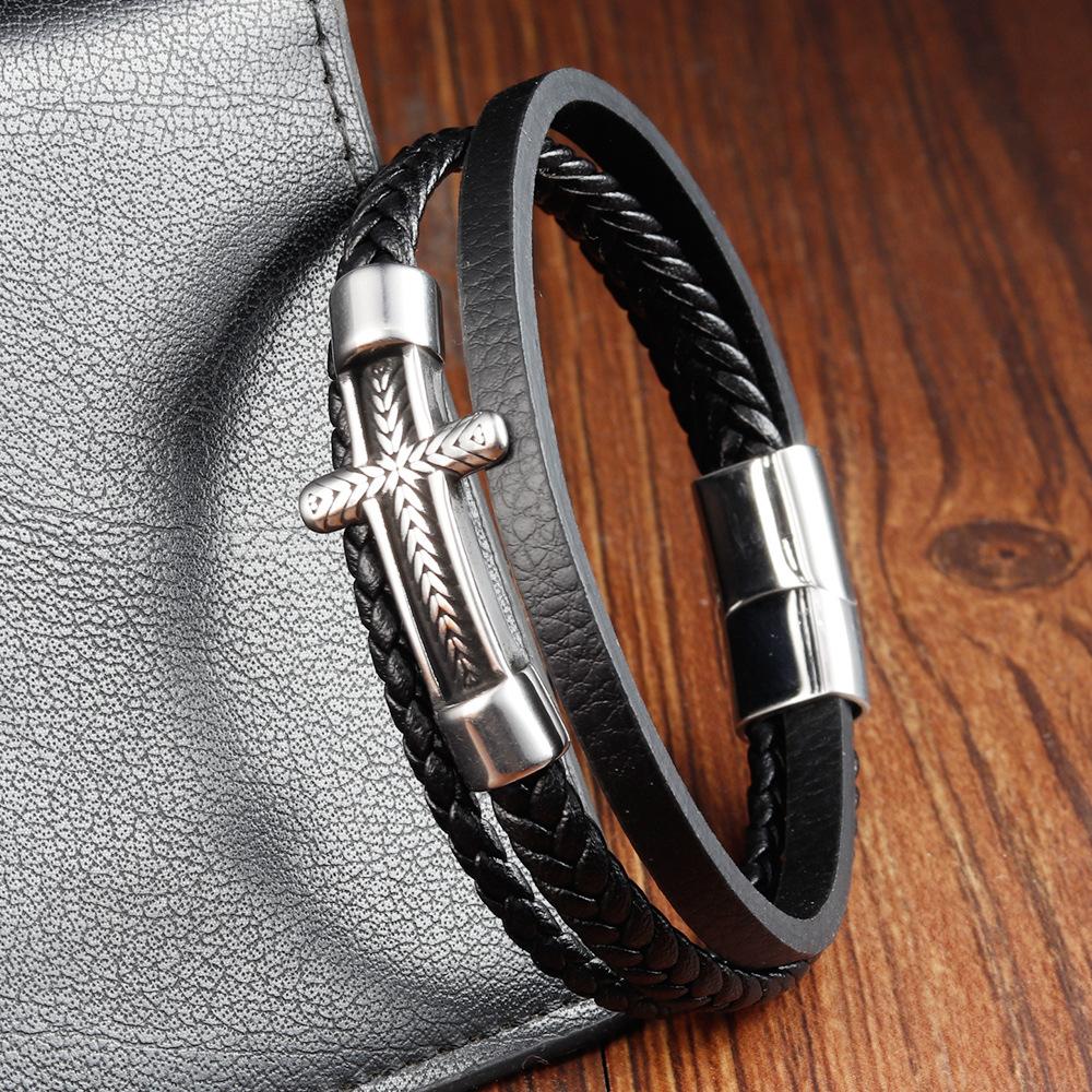 Black Leather Rope Cowhide Men's Double Layer Genuine Leather Woven Bracelet Handmade Multilayer Leather Cross Bracelet 2026