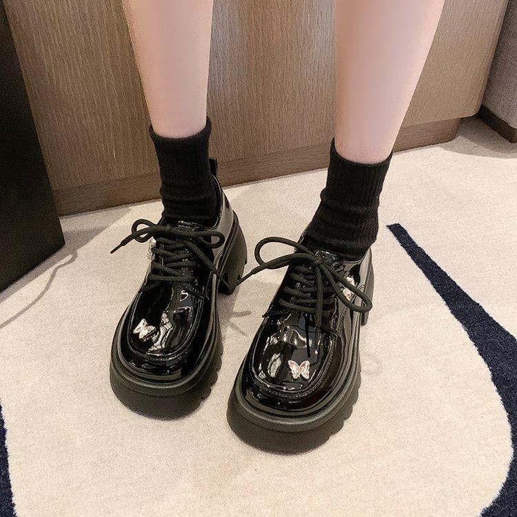 Designer Black Lace-up Casual Shoes Women's College Style Korean Cute Bow Embellished with Thick Sole English Style Basic Style