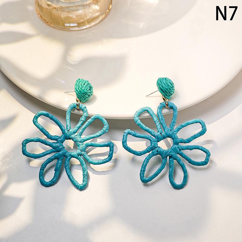 Summer Beach Holiday Wind Earrings For Women Colorful Handmade Raffia Hollow Flower Earrings  Jewelry