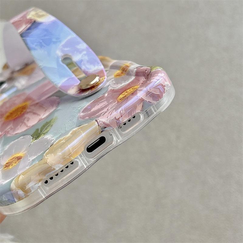 Blue Floral Oil Painting Phone Case with Wrist Strap for iPhone 15 Pro Max and Apple 14 Pro