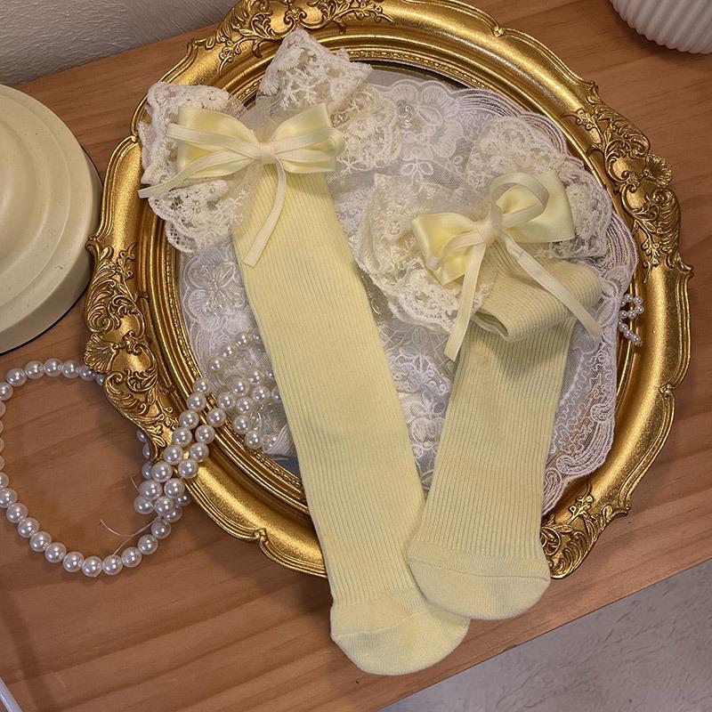 Children's Socks Summer Lolita Wooden Ear Mesh Ribbon Large Bow Mid-tube Socks for Girls