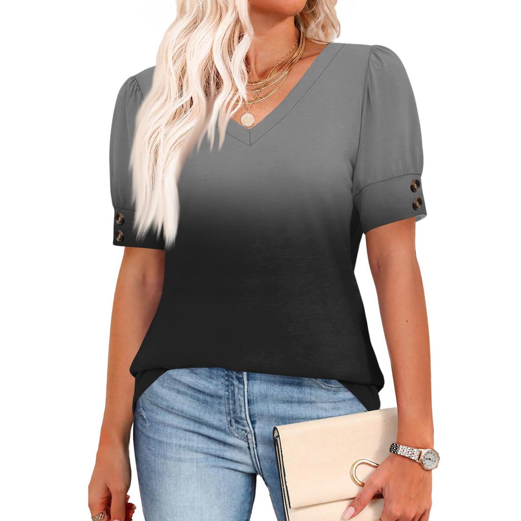 Womens Tops Short Sleeve Shirts Buttons V Neck  Fashion Outfits  Blouses  Casual