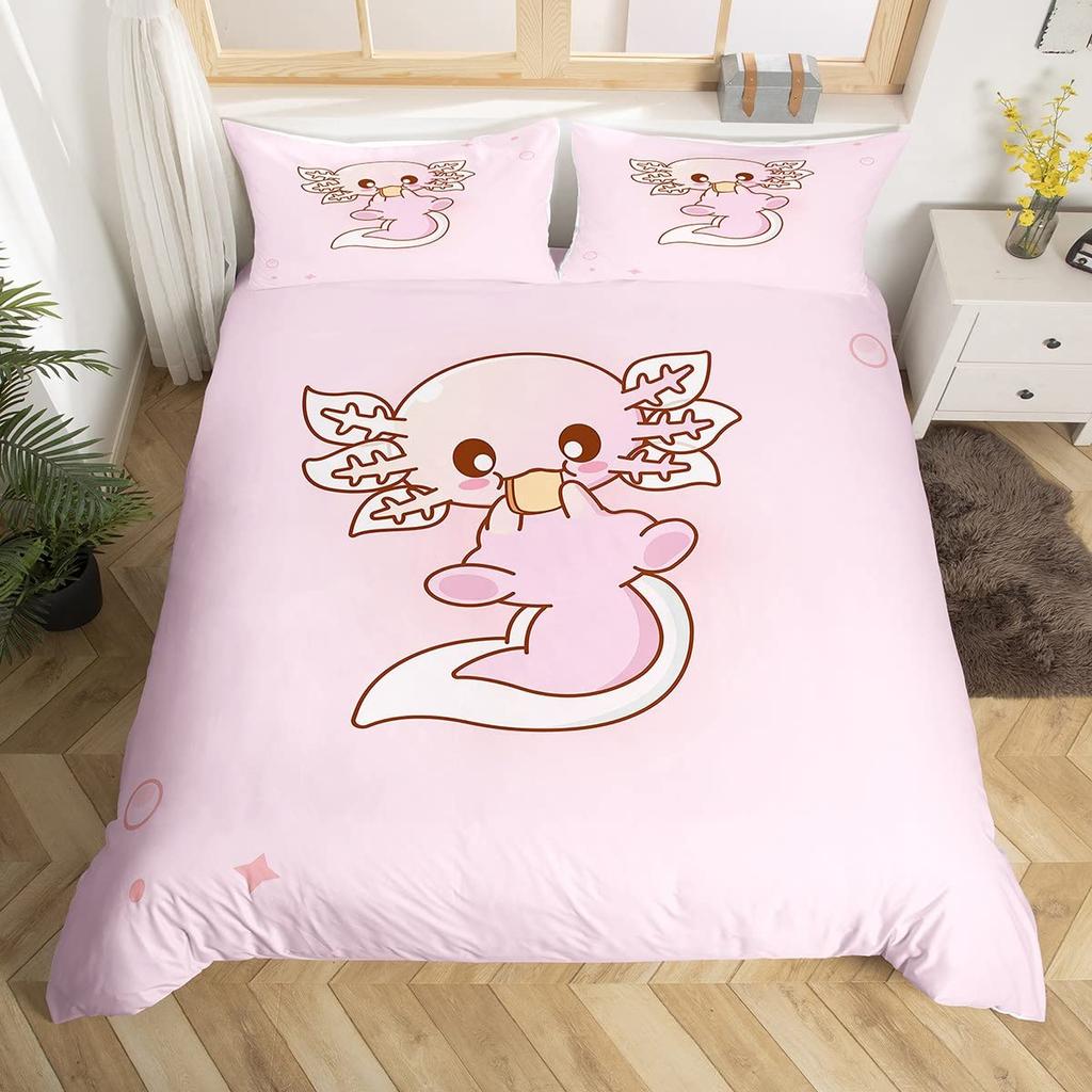Cartoon Axolotl Bettbezug Queen Size, Sonnenblumen Bettwäscheset Niedliches Tier Botanisch Bettdeckenbezug Aquarell Gelb Steppdeckenbezug