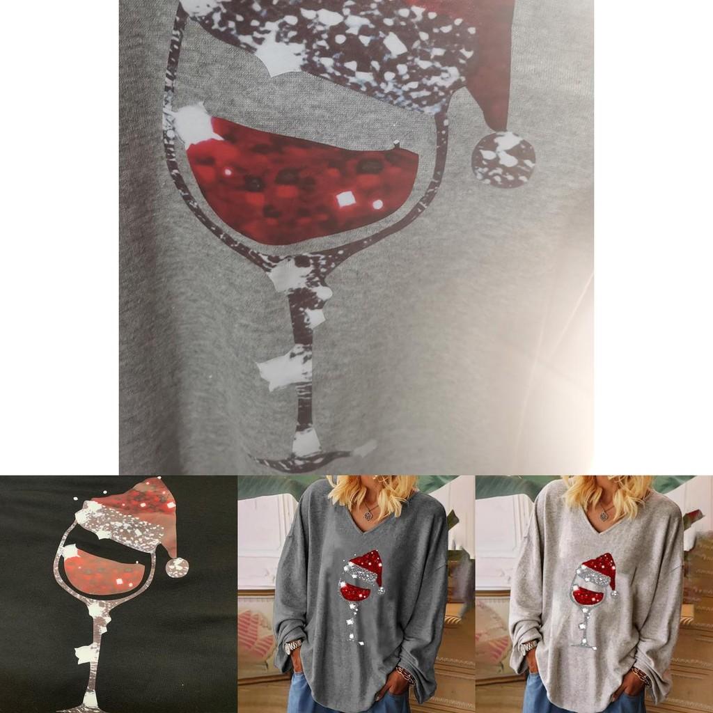 Trendy Womens Christmas Wine Glass V-neck Long Sleeve Pullover Blouse Tops