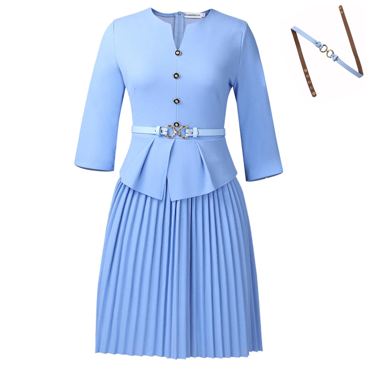 

D595 Plus Size Women s Solid Color Buttoned Two-Piece Dress for Autumn XL