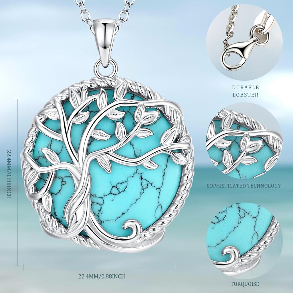 FANCIME Turquoise Tree of Life Hawaiian S925 Perfect for and Gift Wrapping Included Women's Necklace, Jewelry, Silver, Mother's Day, Christmas,