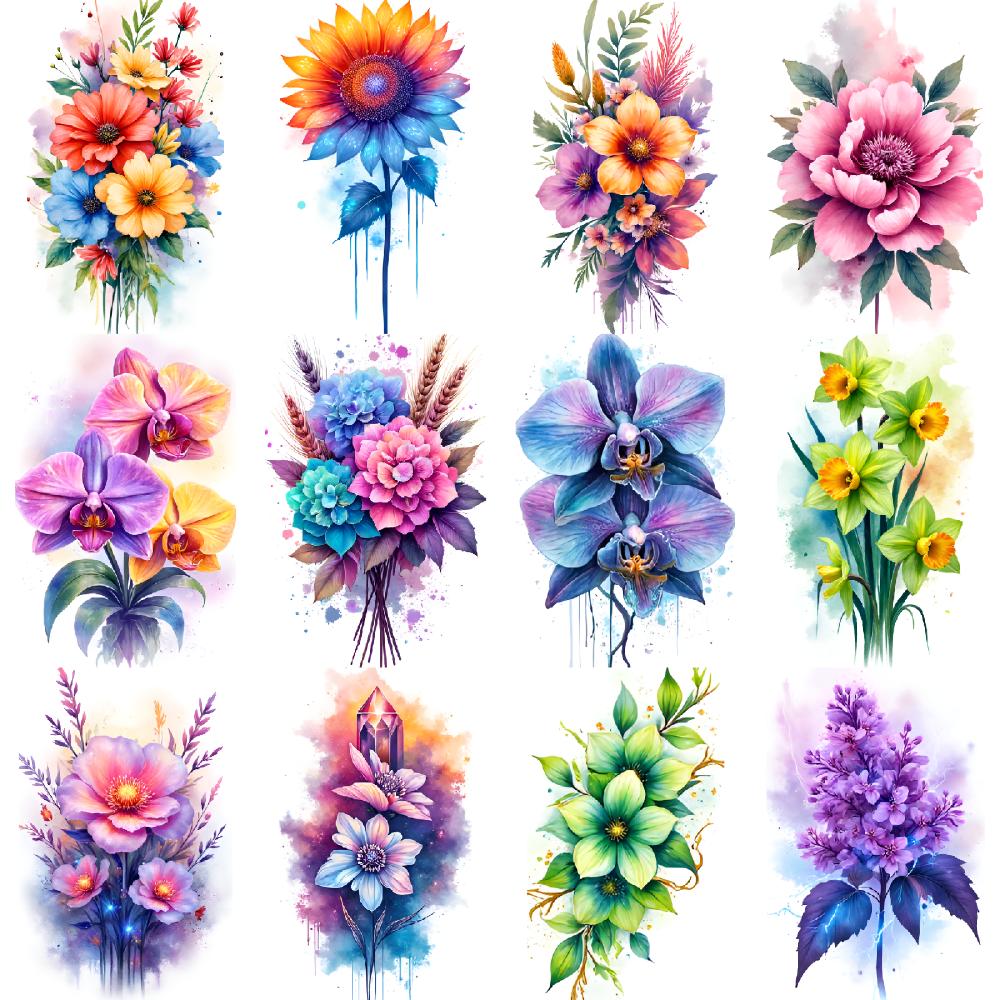 12pcs Temporary Tattoo Colorful Bouquet Temporary Tattoo Stickers Floral Designs Butterfly Illustrations Mixed Flower For