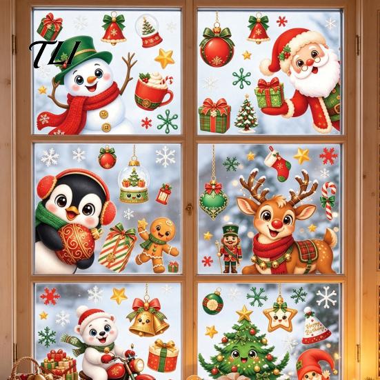Santa Claus Snowman Stickers 6Pcs Christmas Window Cling, Penguin Reindeer Static Glass Cute Cartoon Adhesives Decals for Storefront, No Glue Reusable