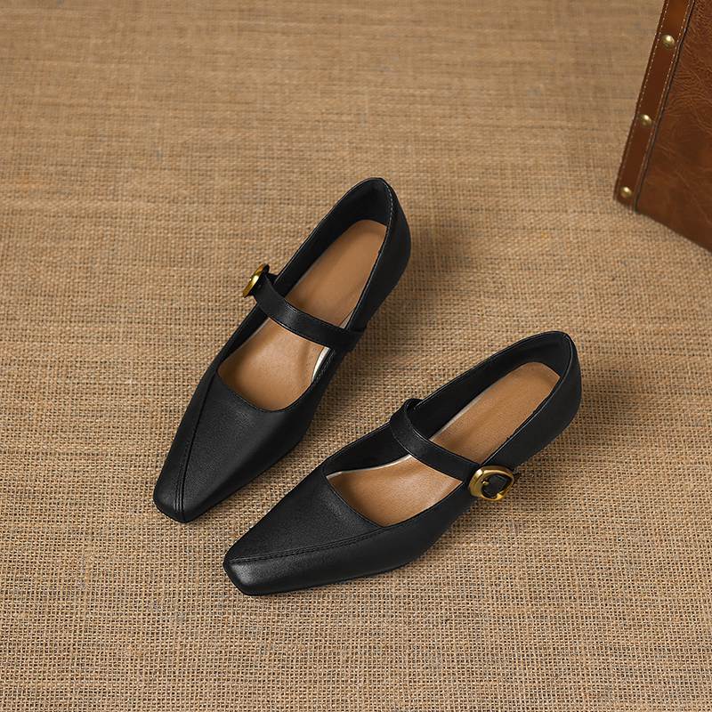 Krazing Pot Microfiber Square Toe Thick Med Heels Spring Summer Shoes Big Size 43 Metal Buckle Women Office Lady Pumps