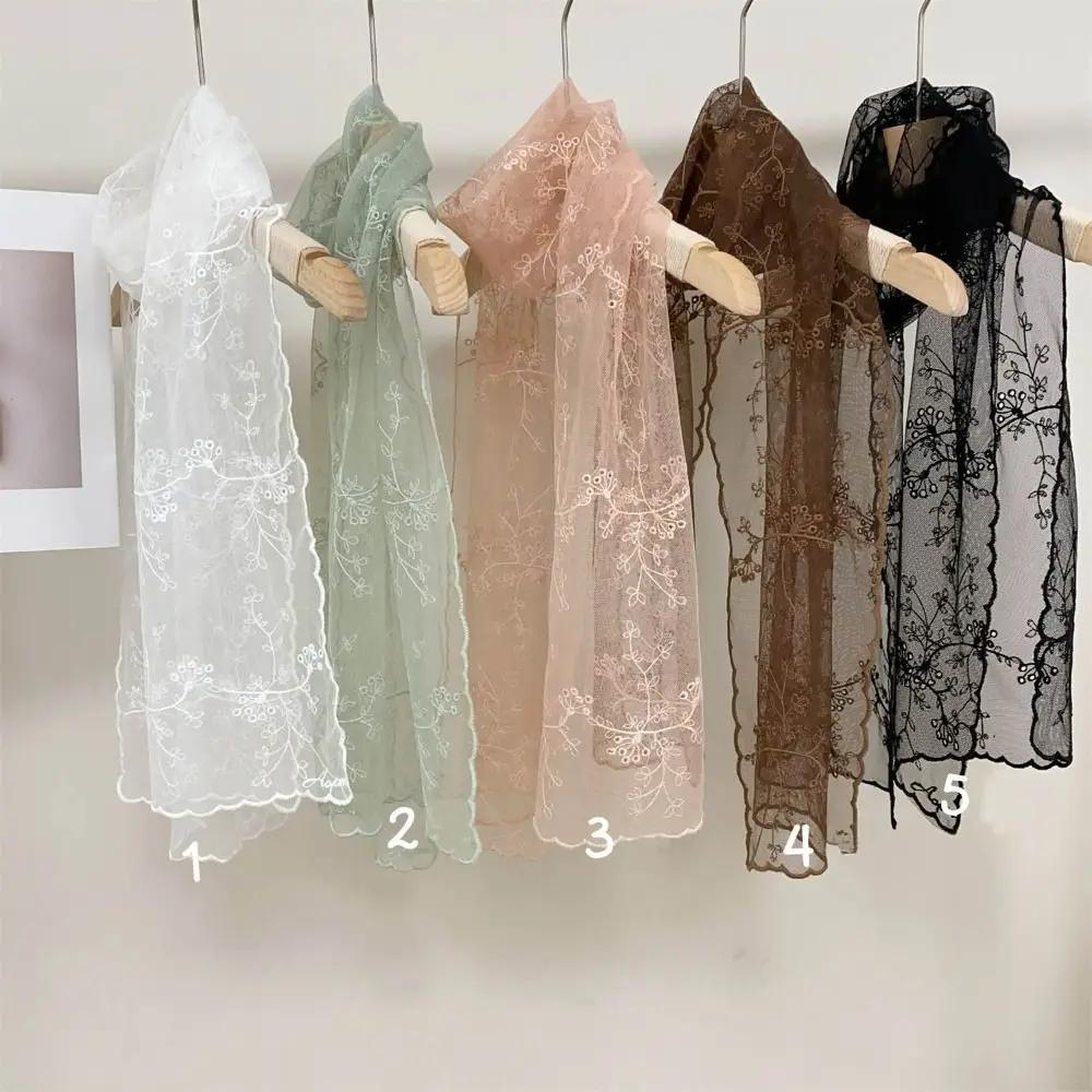 Literary Retro Women'S Lace Scarf Long Embroidered Flower Sunscreen Shawl Korean Version Female Headscarf
