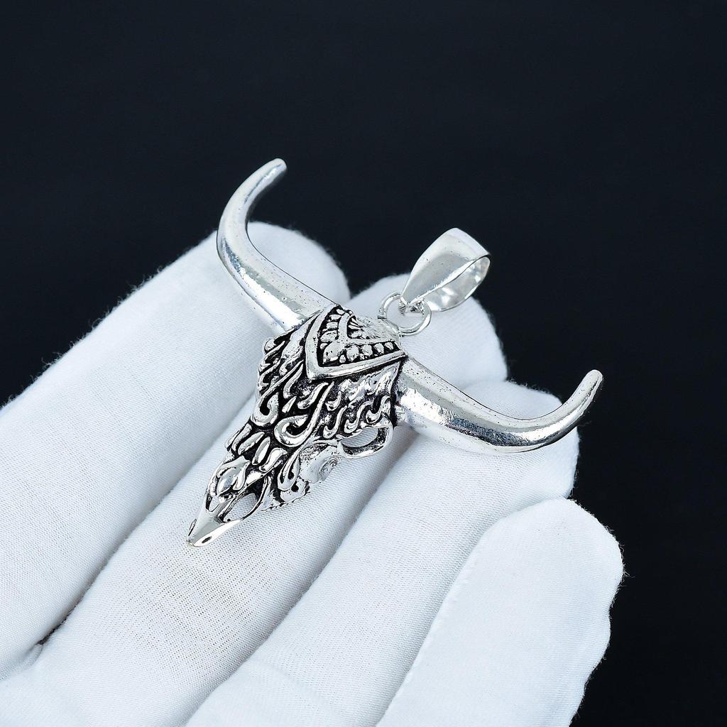 Buffalo Skull Pendant, 925 Sterling Silver Handmade Pendant, Antique Pendant, Vintage Chain Pendant Necklace, Anniversary Gift For Love
