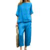 Women's Round Neck Color Casual Cotton Linen 3/4 Sleeve Top And Pants Set