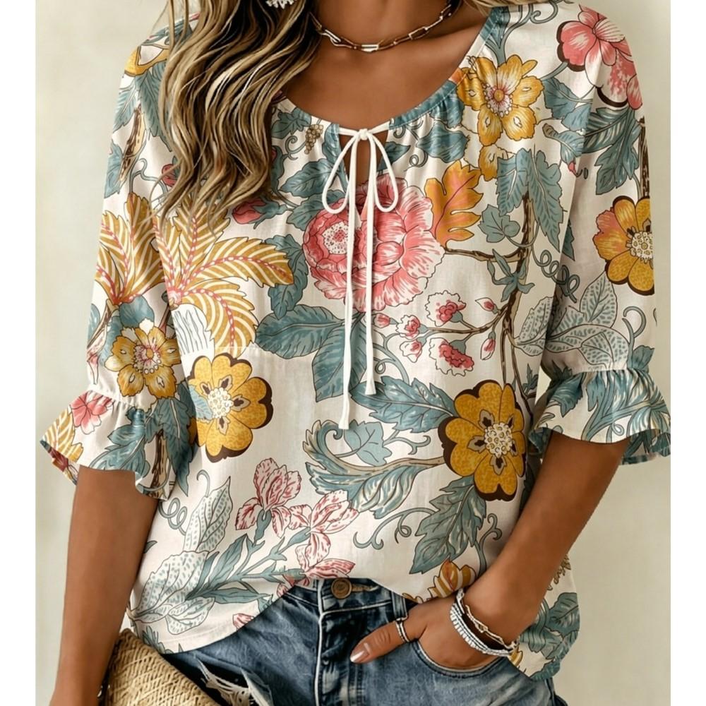 Women's Vintage Big Floral Leaf Print Tie Neck Ruffle Cuff 3/4 Sleeve Soft Flowery Loose Blouse