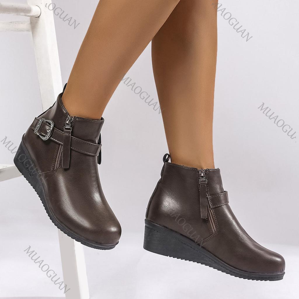 Fashion Autumn and Winter New Round Head Wedges Ankle Boots for Women Fashion Side Zip Ladies Leather Solid Color Comfortable Botines