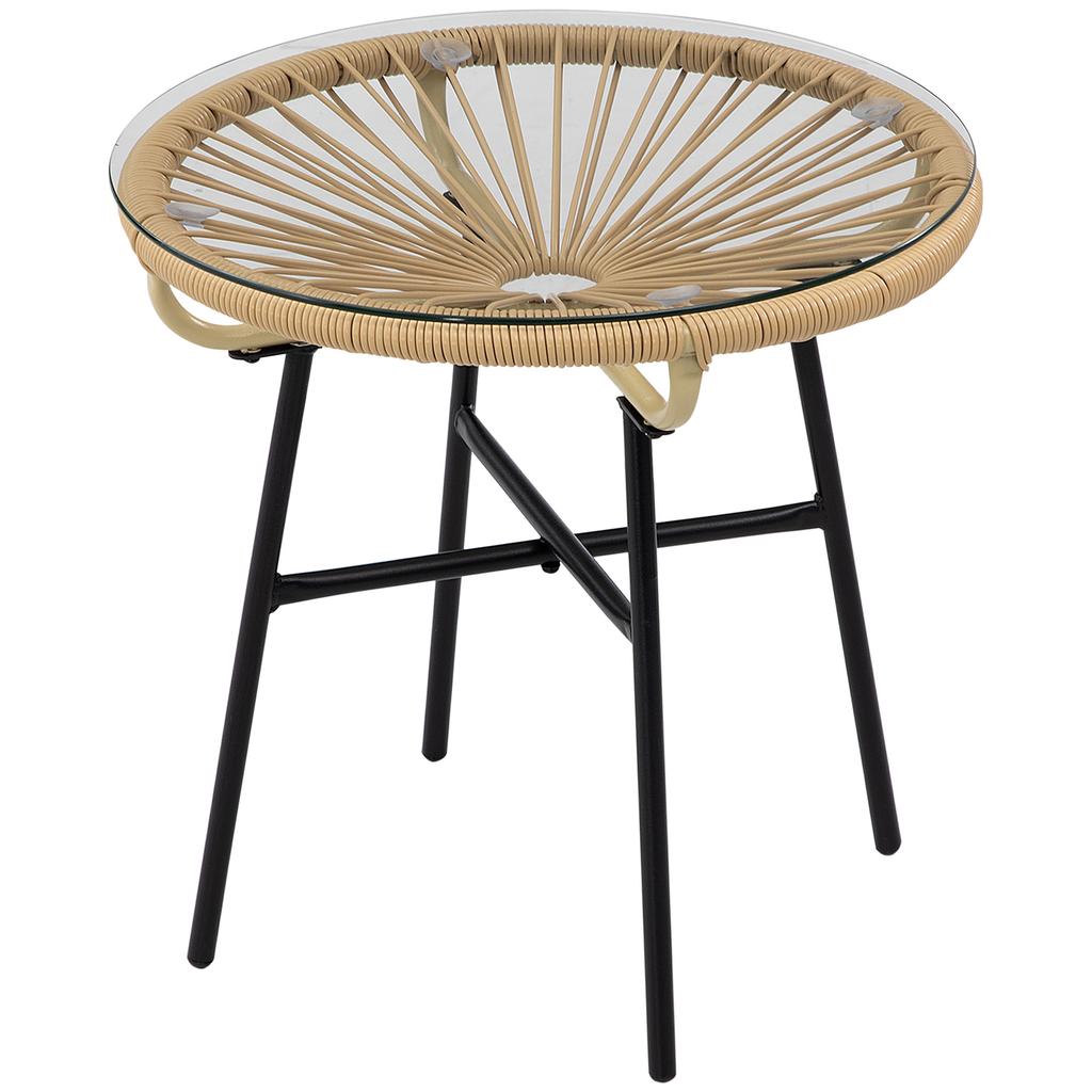 Boho-style Garden Table. PE Rattan. Tempered Glass. Weatherproof. 50cm X 50cm X 50cm. Beige