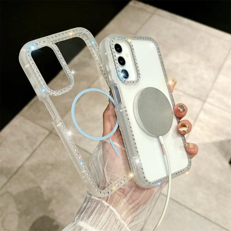Diamond Clear Magnetic Phone Case for Samsung Galaxy S23 S24 S25 Ultra  A56  A55 A35 A15 5G Transparent Glitter Bling Hard Cover