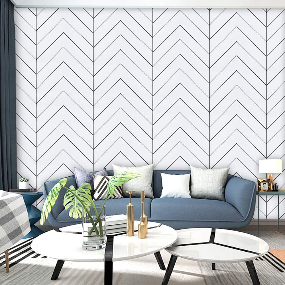 HaoHome White and Black Geometric Contact Paper Black Stripes Peel and Stick Wallpaper Modern Removable Self Adhesive Wall Paper
