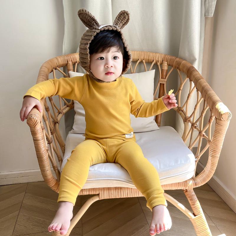 Unisex Baby Cotton Thermal Set: Cozy Brushed High-Neck Top & Trousers for Autumn/Winter