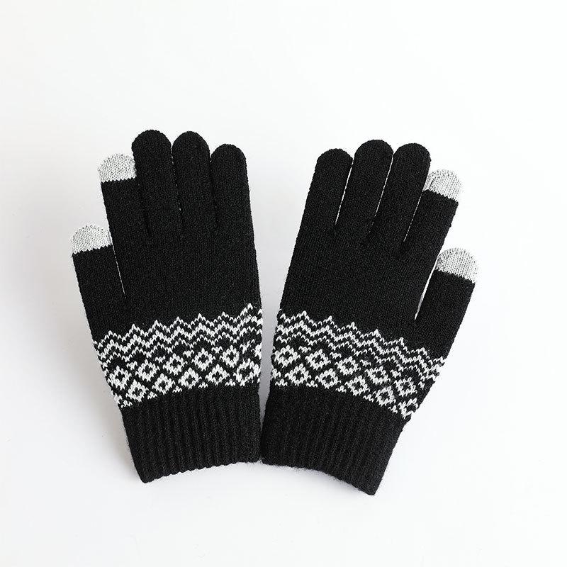 Unisex Touchscreen Compatible Knit Mittens with Crochet Pattern In Black and White